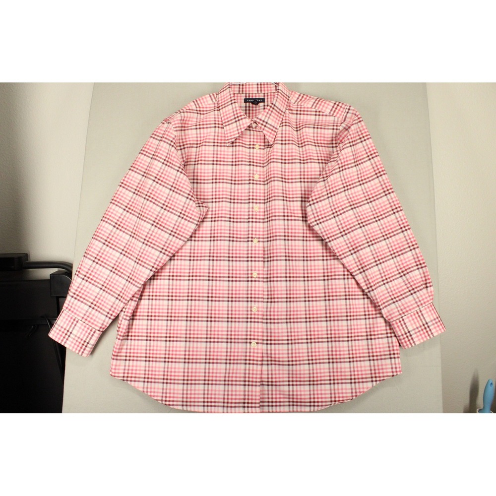 Lands End Womens 2X 20W-22W Pink Plaid Button Down Long Sleeve Shirt Western